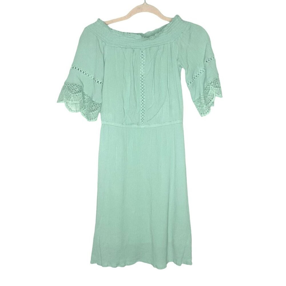 Crochet Embellished Peasant Dress Womens XS Mint Green Gauzy Cottage Boho Flowy